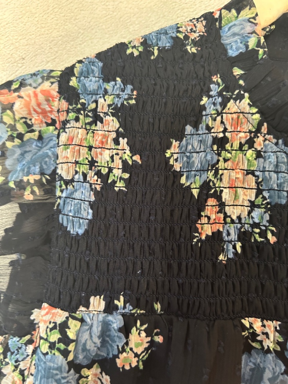 LOFT Navy Floral Button-Front Ruffle Sleeve Top - Picture 6 of 10